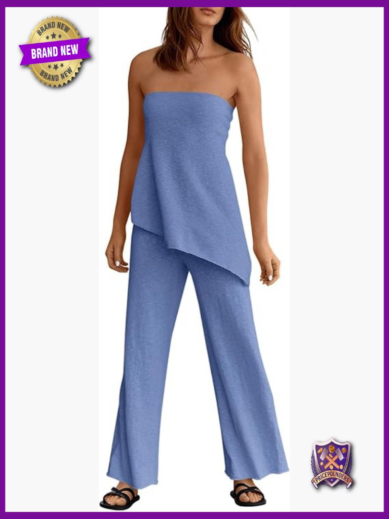 2 Piece Lounge Set Tube Top Wide Leg Pants Knit Matching Outfit